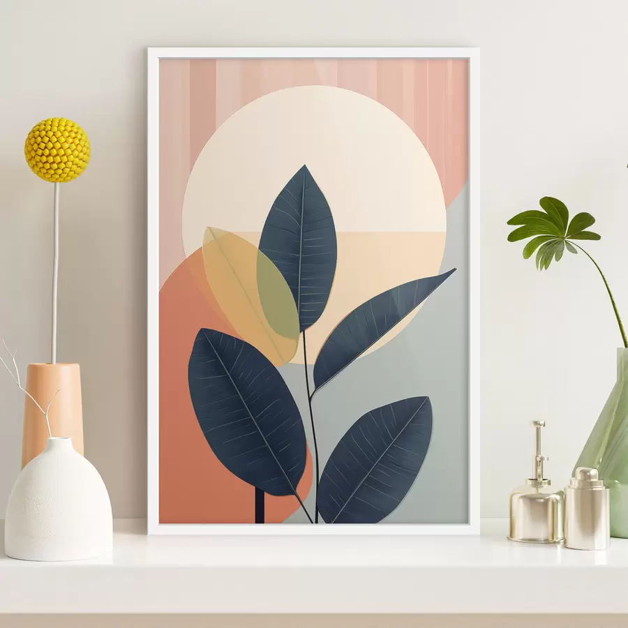 carta da parati Foglie scure su uno sfondo di forme astratte color pesca e grigio con un grande cerchio giallo pallido nr. f47424