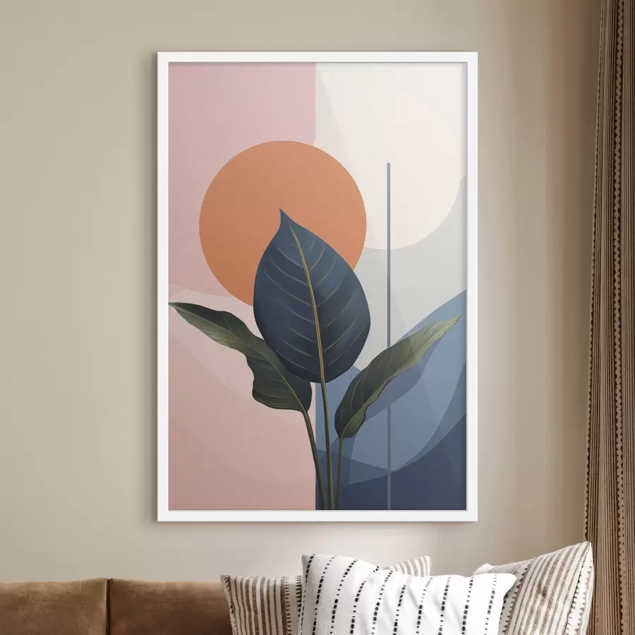 carta da parati Foglie scure su uno sfondo di forme astratte color pesca e grigio con cerchio arancione nr. f47425