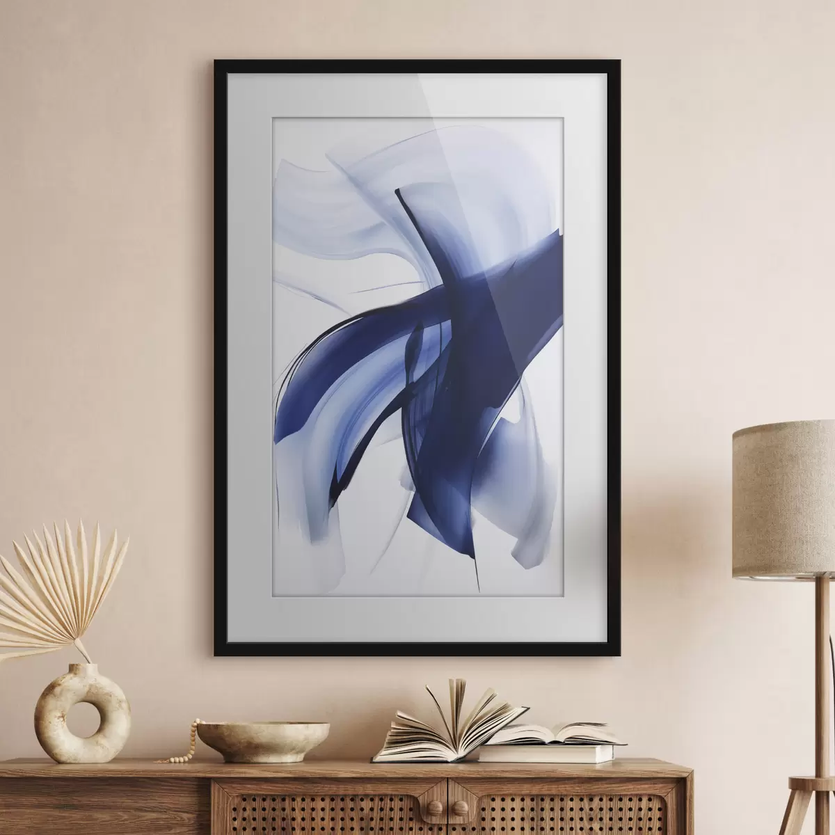 Poster Forme astratte blu simili a pennellate con linee fluide e curve su sfondo bianco, arte moderna f47429