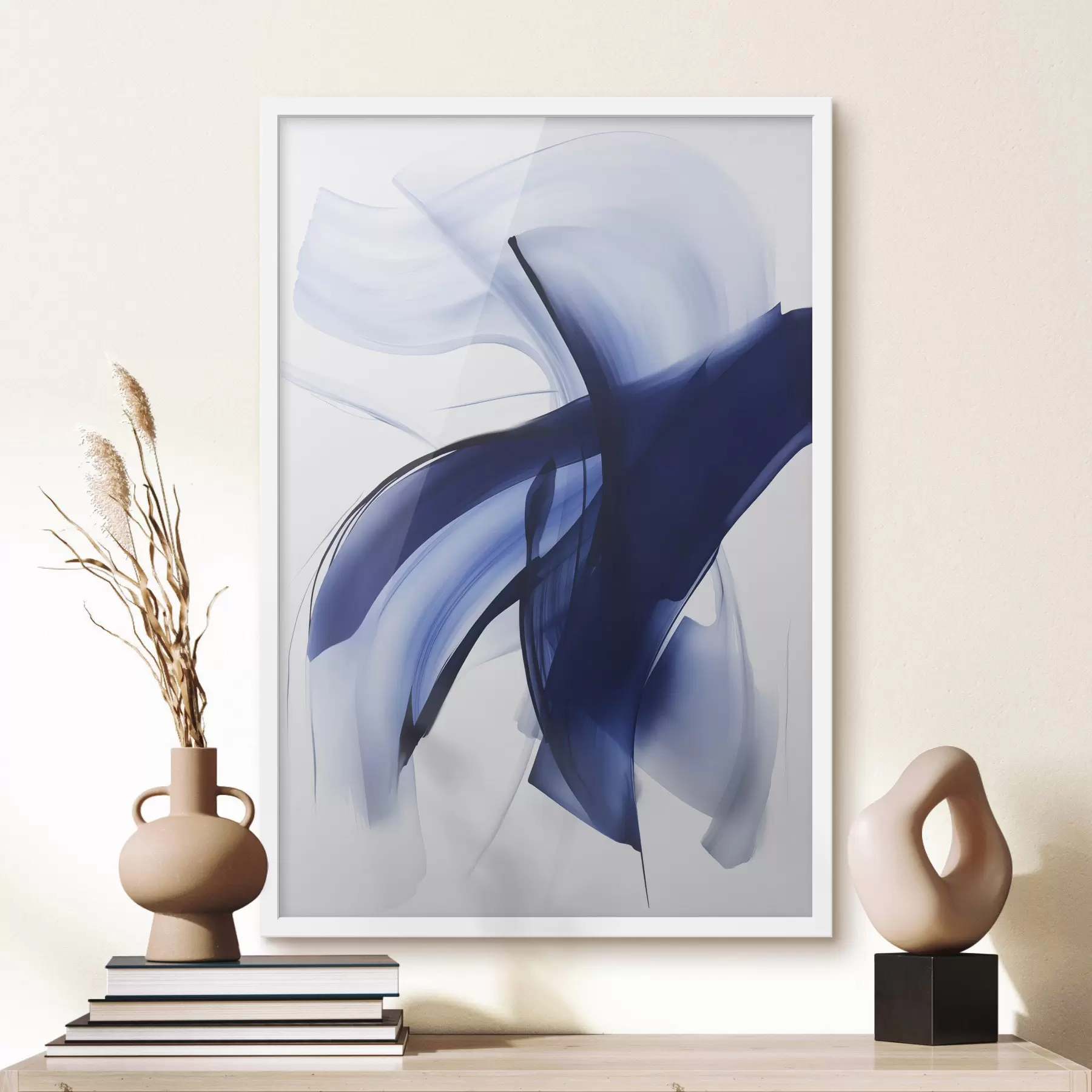 carta da parati Forme astratte blu simili a pennellate con linee fluide e curve su sfondo bianco, arte moderna nr. f47429