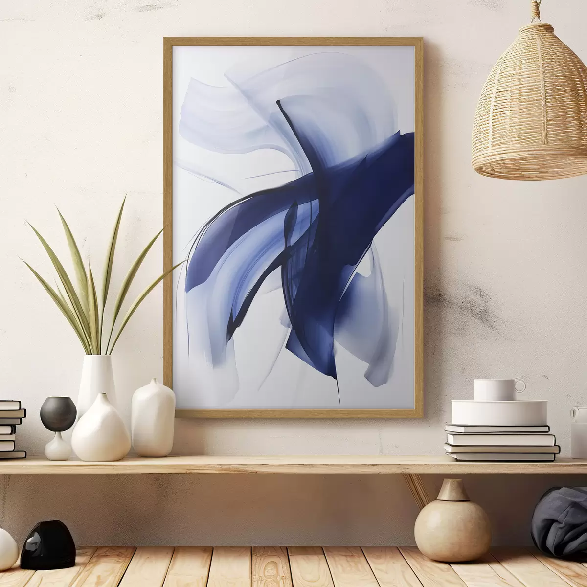 Poster Forme astratte blu simili a pennellate con linee fluide e curve su sfondo bianco, arte moderna f47429