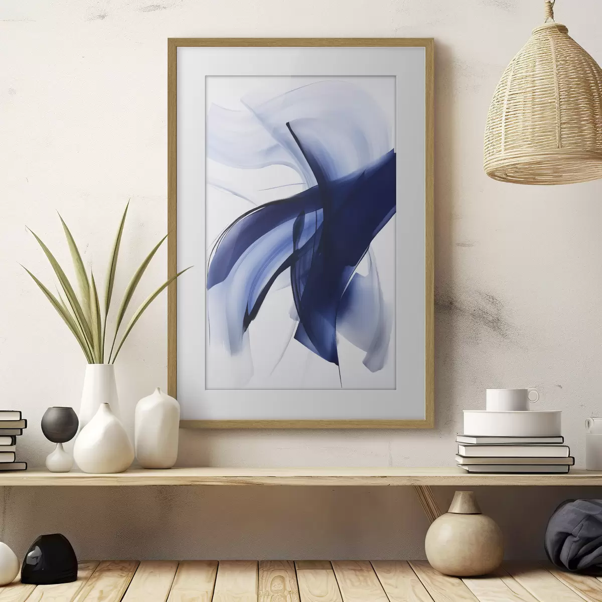 Poster Forme astratte blu simili a pennellate con linee fluide e curve su sfondo bianco, arte moderna f47429