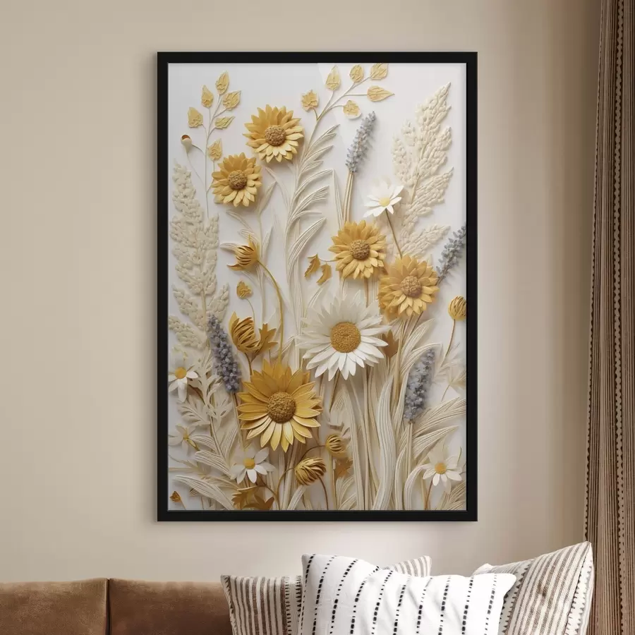 carta da parati Una collezione materica di margherite gialle e bianche con erbe secche e rametti di lavanda su sfondo bianco nr. f47430