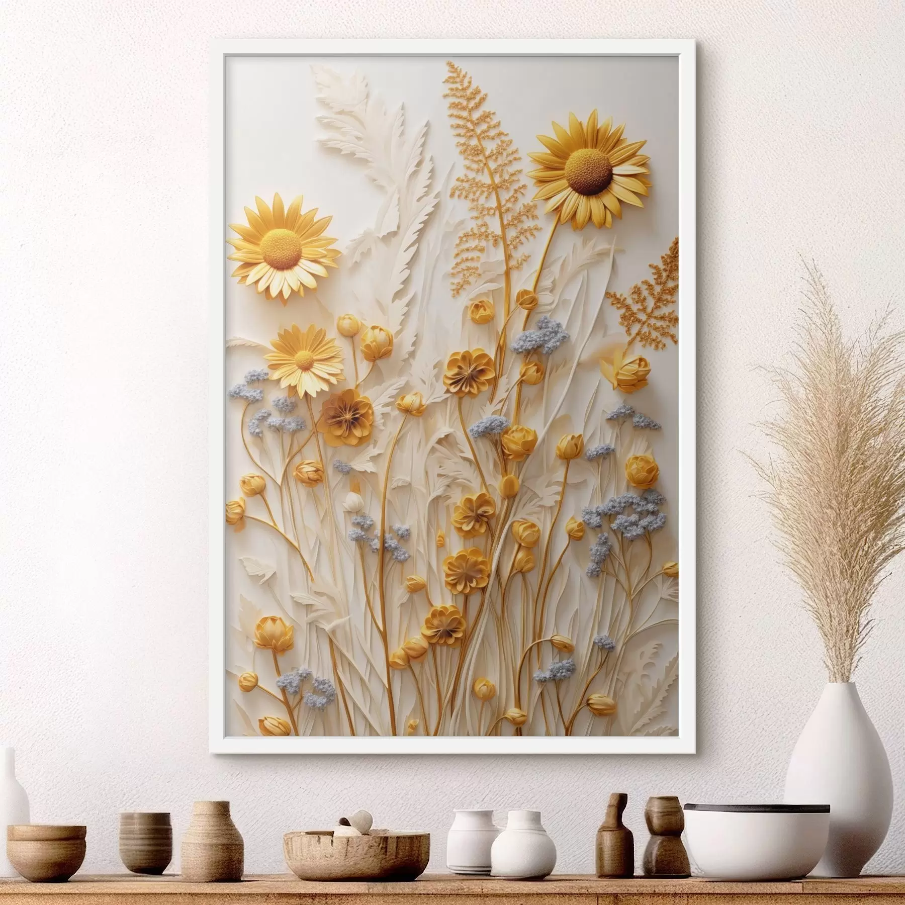 carta da parati Una collezione materica di margherite gialle e bianche con erbe secche e rametti di lavanda su sfondo bianco nr. f47431