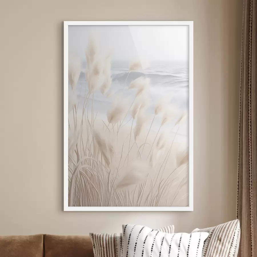 carta da parati Alta erba della pampa piumosa nei toni del beige chiaro in primo piano, con una spiaggia sabbiosa sullo sfondo nr. f47432