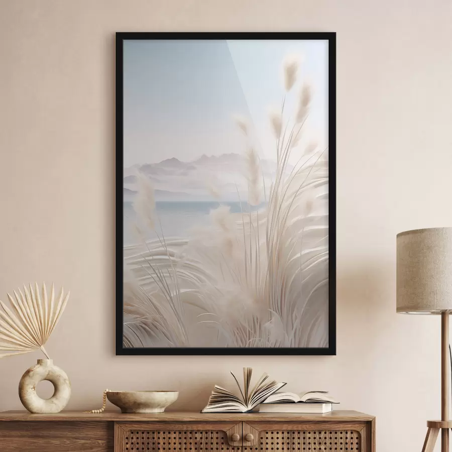 carta da parati Alta erba della pampa soffice nei toni del beige, con una spiaggia sabbiosa e montagne sullo sfondo nr. f47433