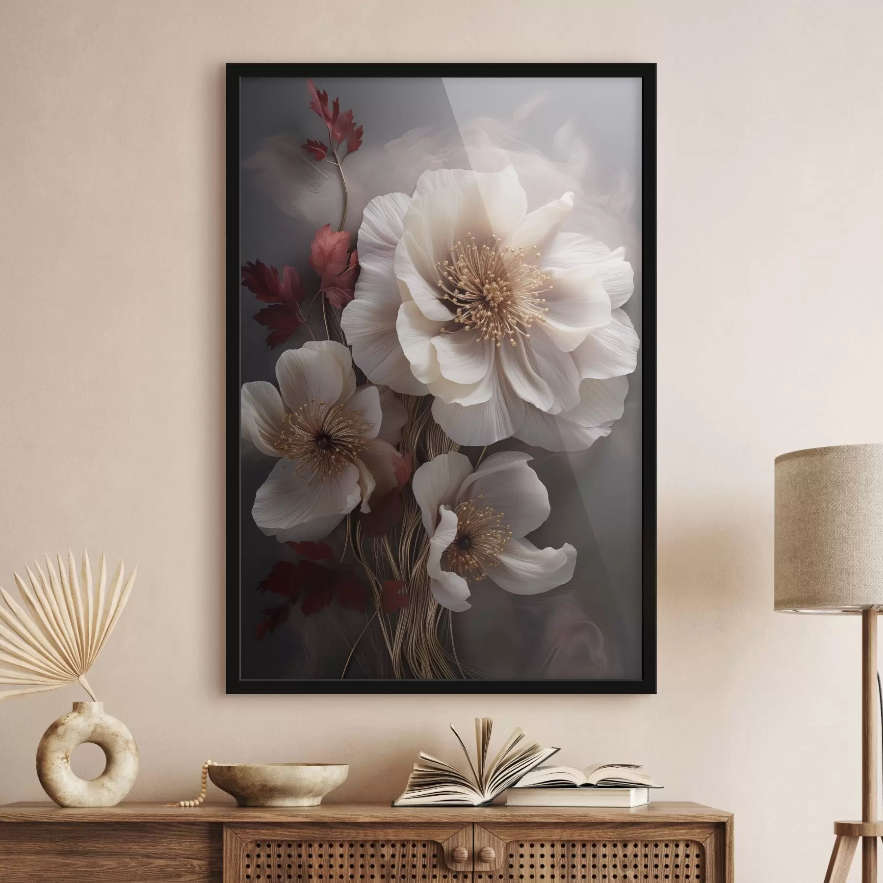 carta da parati Delicate peonie dai petali sottili e vaporosi, circondate da foglie rosso scuro su uno sfondo astratto nr. f47434