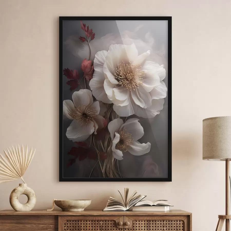 carta da parati Delicate peonie dai petali sottili e vaporosi, circondate da foglie rosso scuro su uno sfondo astratto nr. f47434