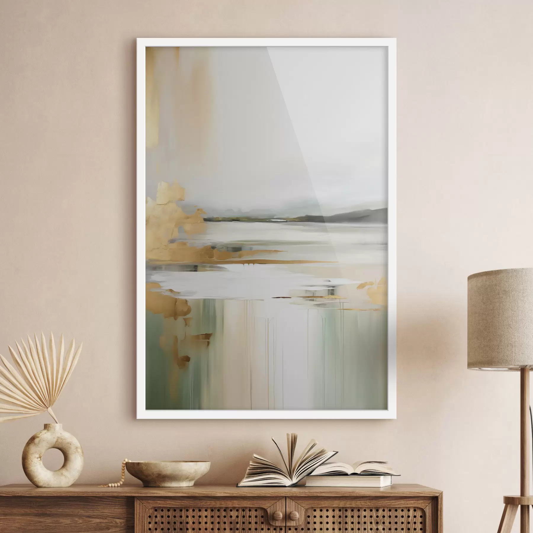 carta da parati Paesaggio astratto con tonalità gialle e verdi, acqua che riflette il cielo e le montagne lontane, cielo pallido e nebbioso nr. f47438