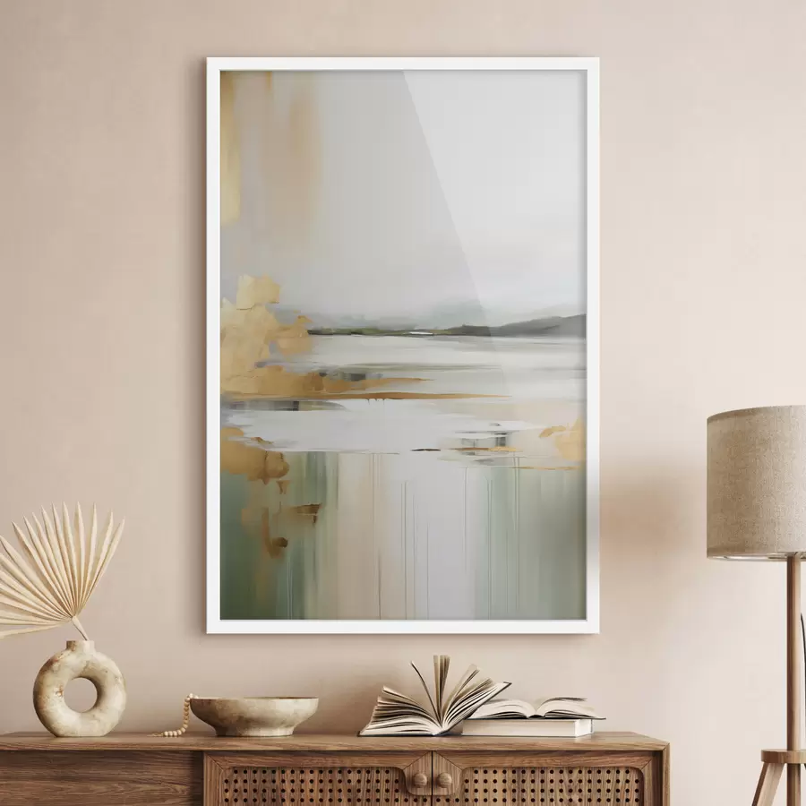 carta da parati Paesaggio astratto con tonalità gialle e verdi, acqua che riflette il cielo e le montagne lontane, cielo pallido e nebbioso nr. f47438