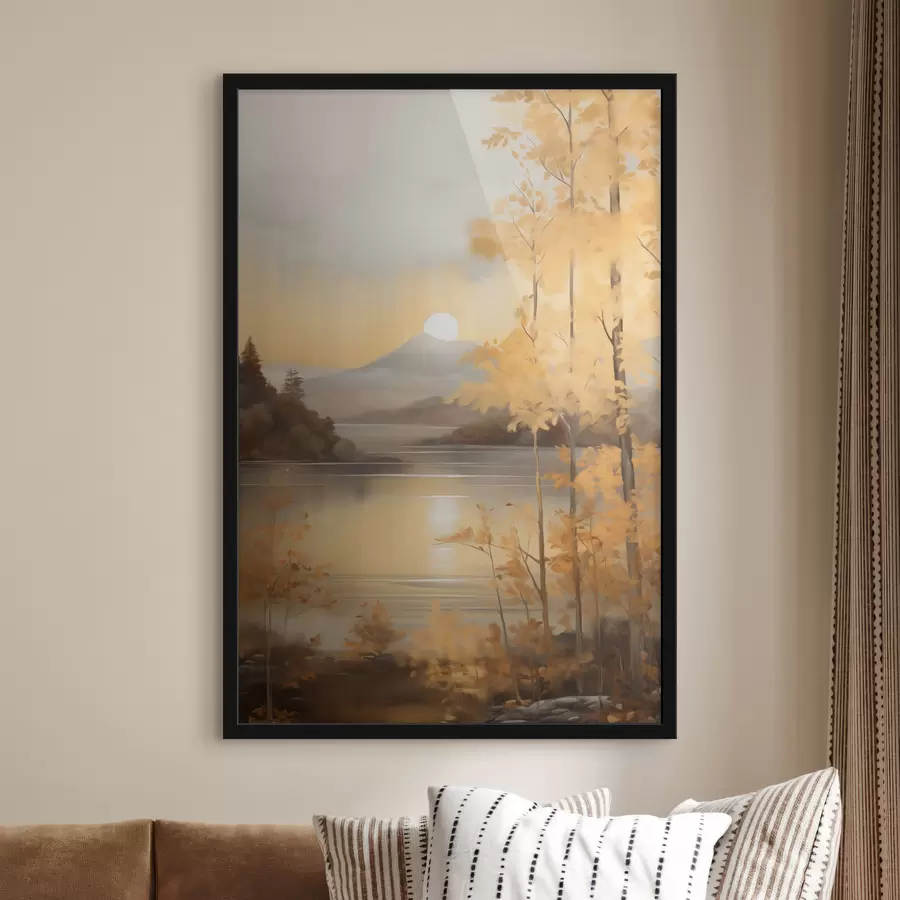 carta da parati Alberi autunnali dalle foglie arancioni incorniciano un lago tranquillo con montagne lontane sotto un cielo nuvoloso. nr. f47440