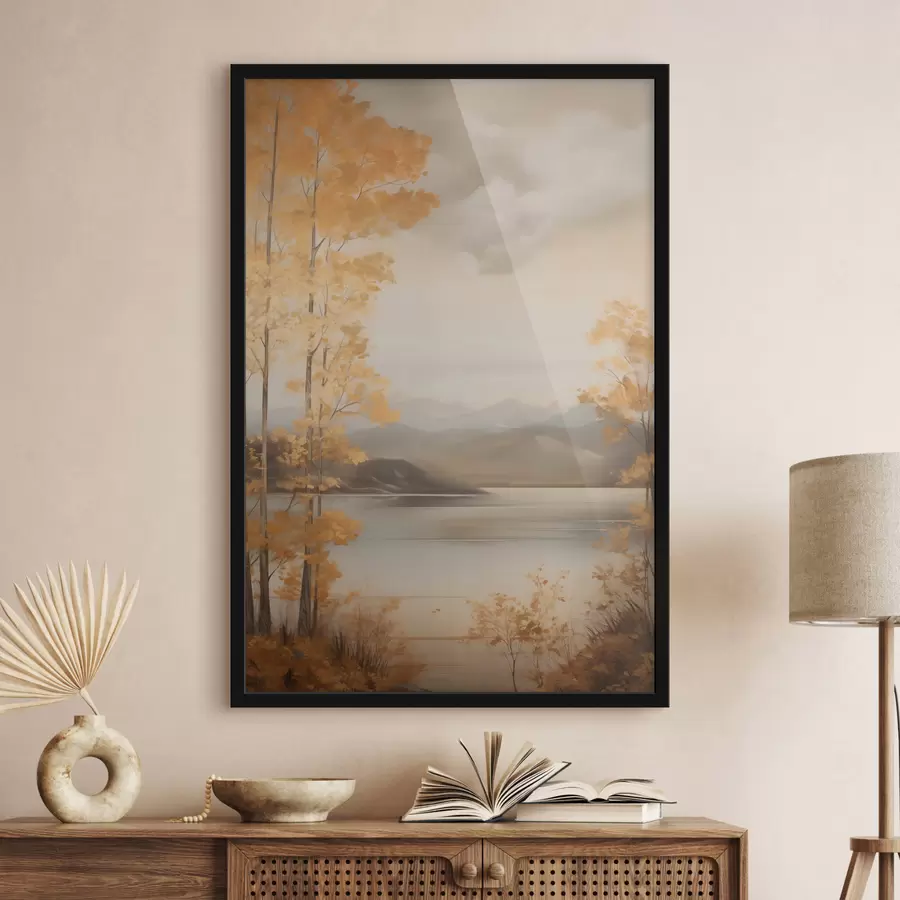 carta da parati Alberi autunnali dalle foglie arancioni incorniciano un lago tranquillo con montagne lontane sotto un cielo nuvoloso. nr. f47441