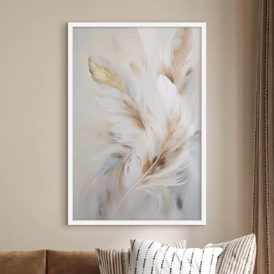 carta da parati Piume grandi e morbide con una miscela di tonalità bianche, gialle e marroni, su uno sfondo chiaro e astratto. nr. f47442