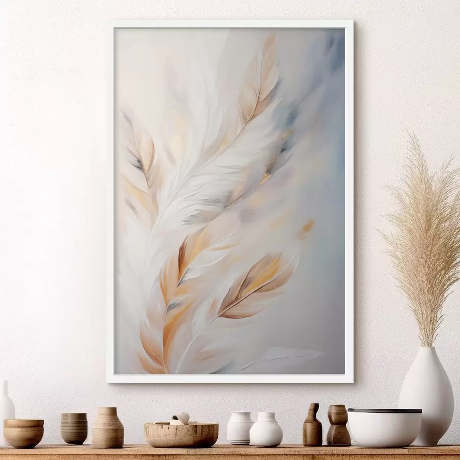 carta da parati Piume grandi e morbide con una miscela di tonalità bianche, gialle e marroni, su uno sfondo chiaro e astratto. nr. f47443