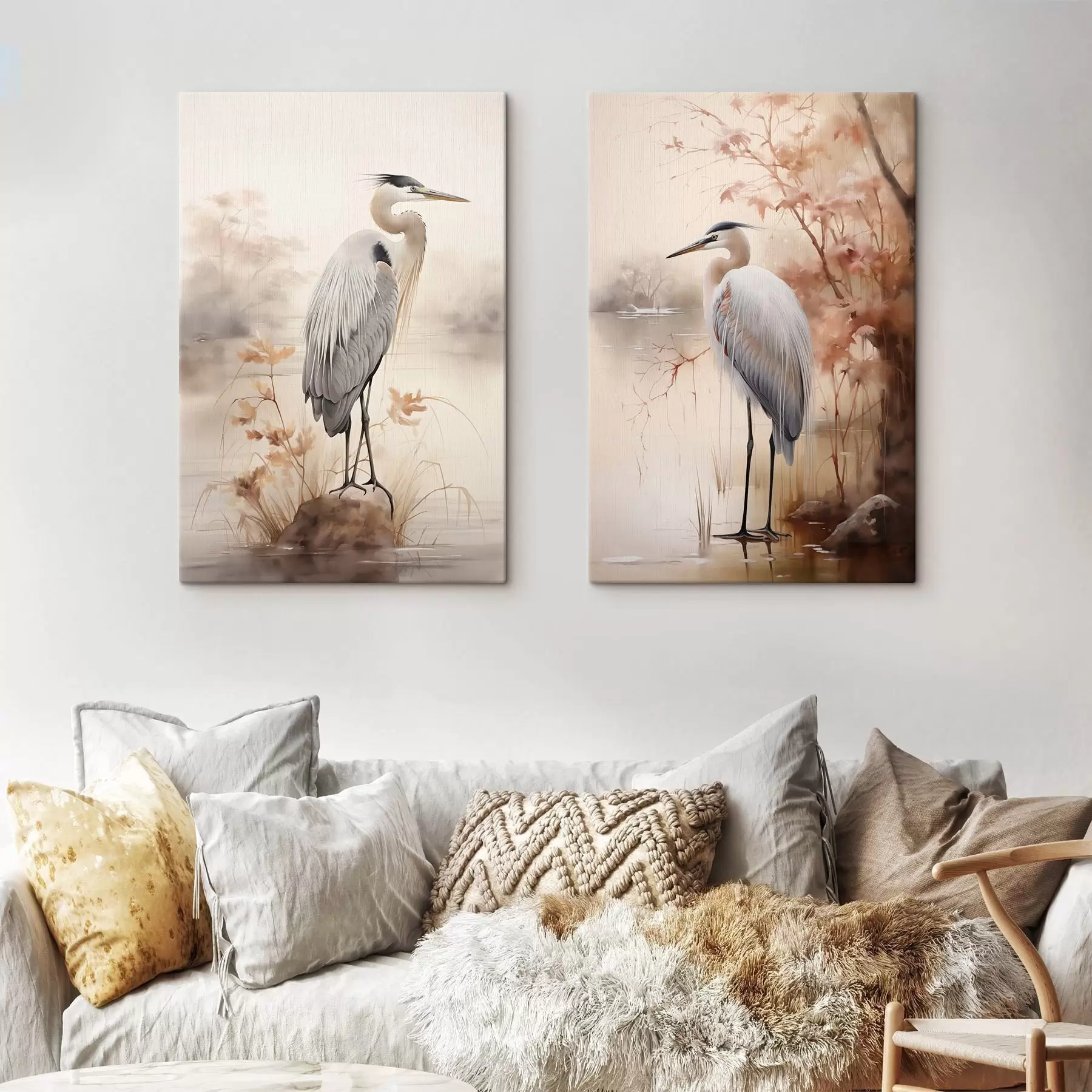 carta da parati Un airone è in piedi su una roccia in un lago con erba alta e alberi sullo sfondo. nr. m01239