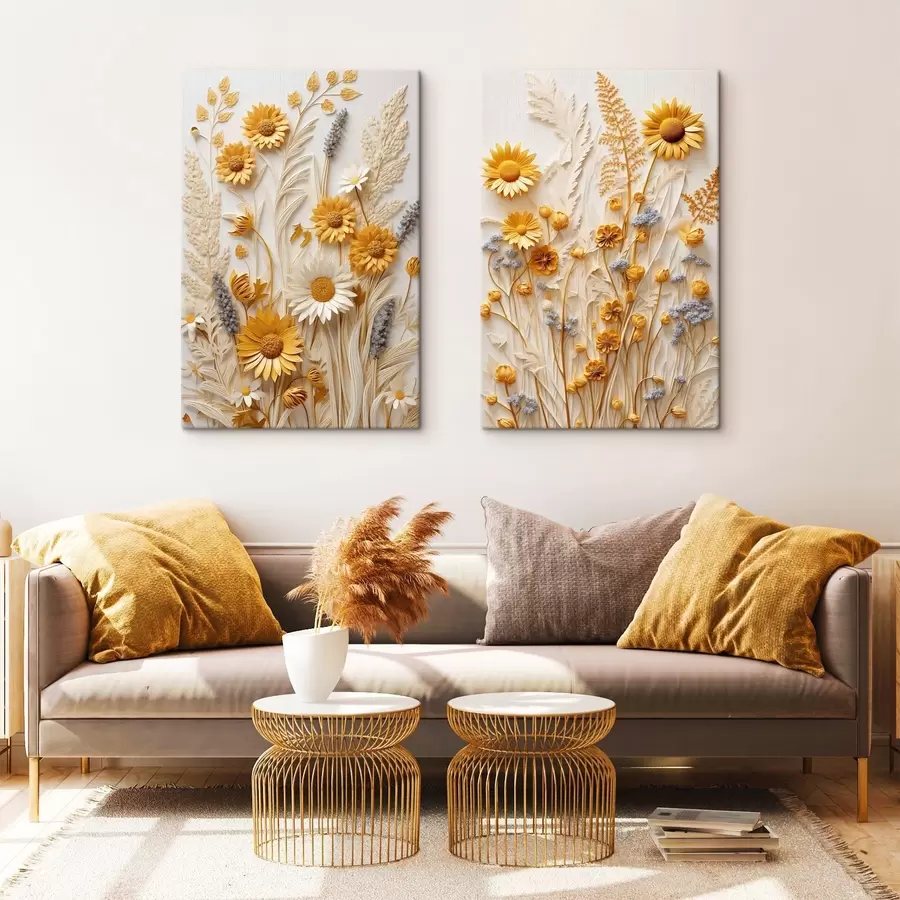 carta da parati Una collezione materica di margherite gialle e bianche con erbe secche e rametti di lavanda su sfondo bianco nr. m01241