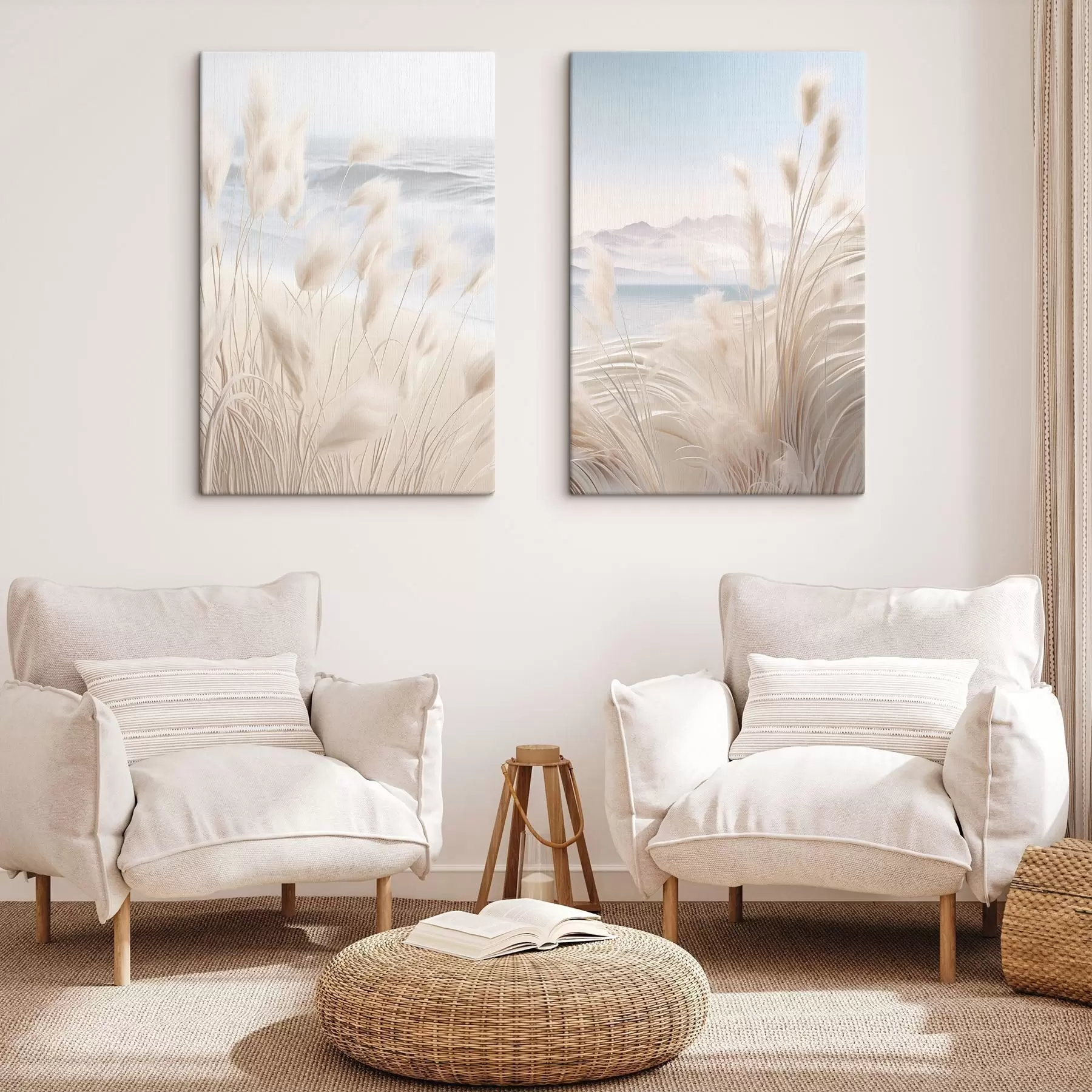 carta da parati Alta erba della pampa piumosa nei toni del beige chiaro in primo piano, con una spiaggia sabbiosa sullo sfondo nr. m01242