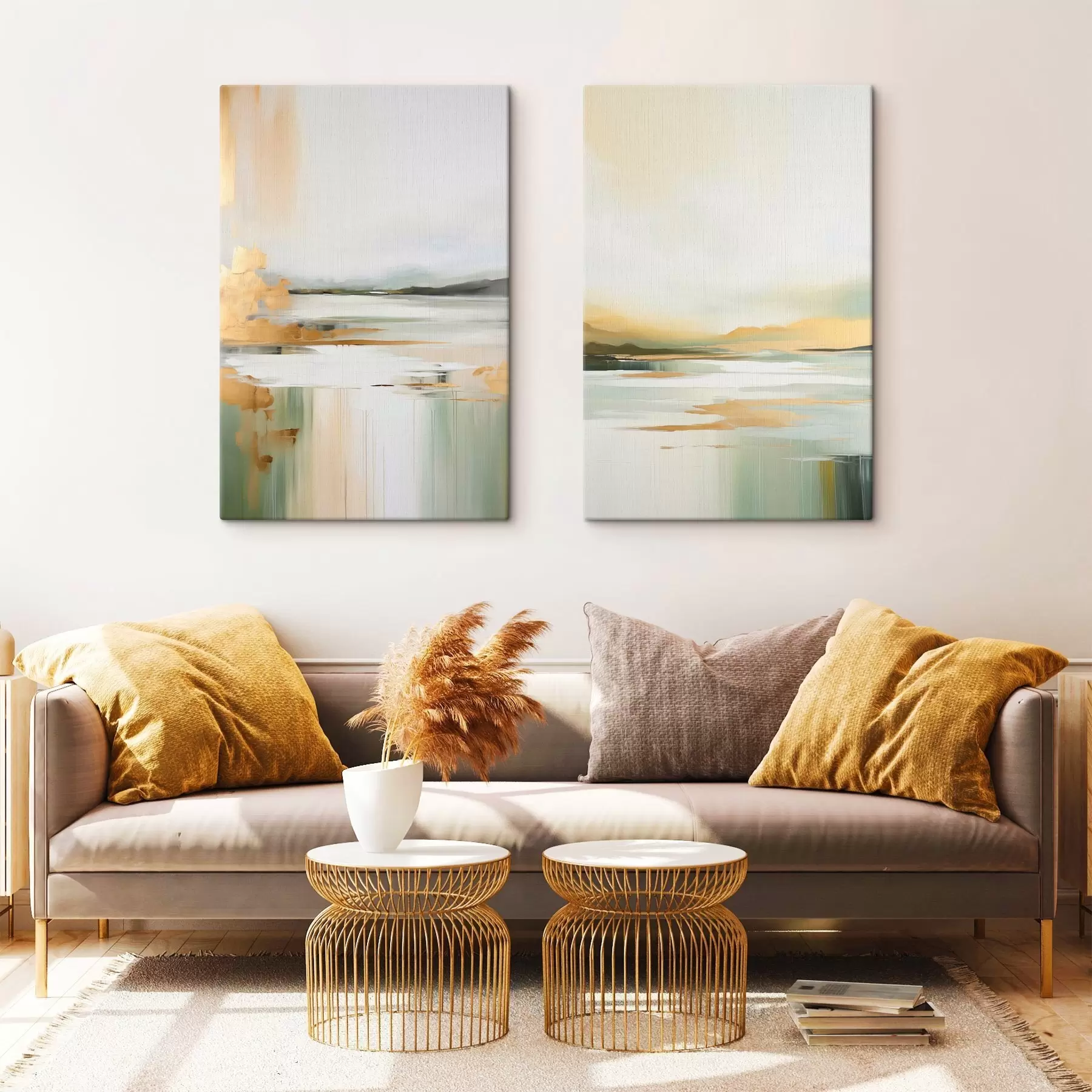 carta da parati Paesaggio astratto con tonalità gialle e verdi, acqua che riflette il cielo e le montagne lontane, cielo pallido e nebbioso nr. m01245