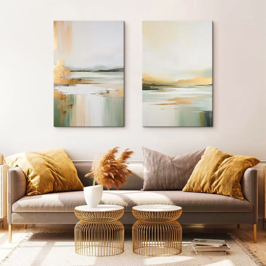 carta da parati Paesaggio astratto con tonalità gialle e verdi, acqua che riflette il cielo e le montagne lontane, cielo pallido e nebbioso nr. m01245