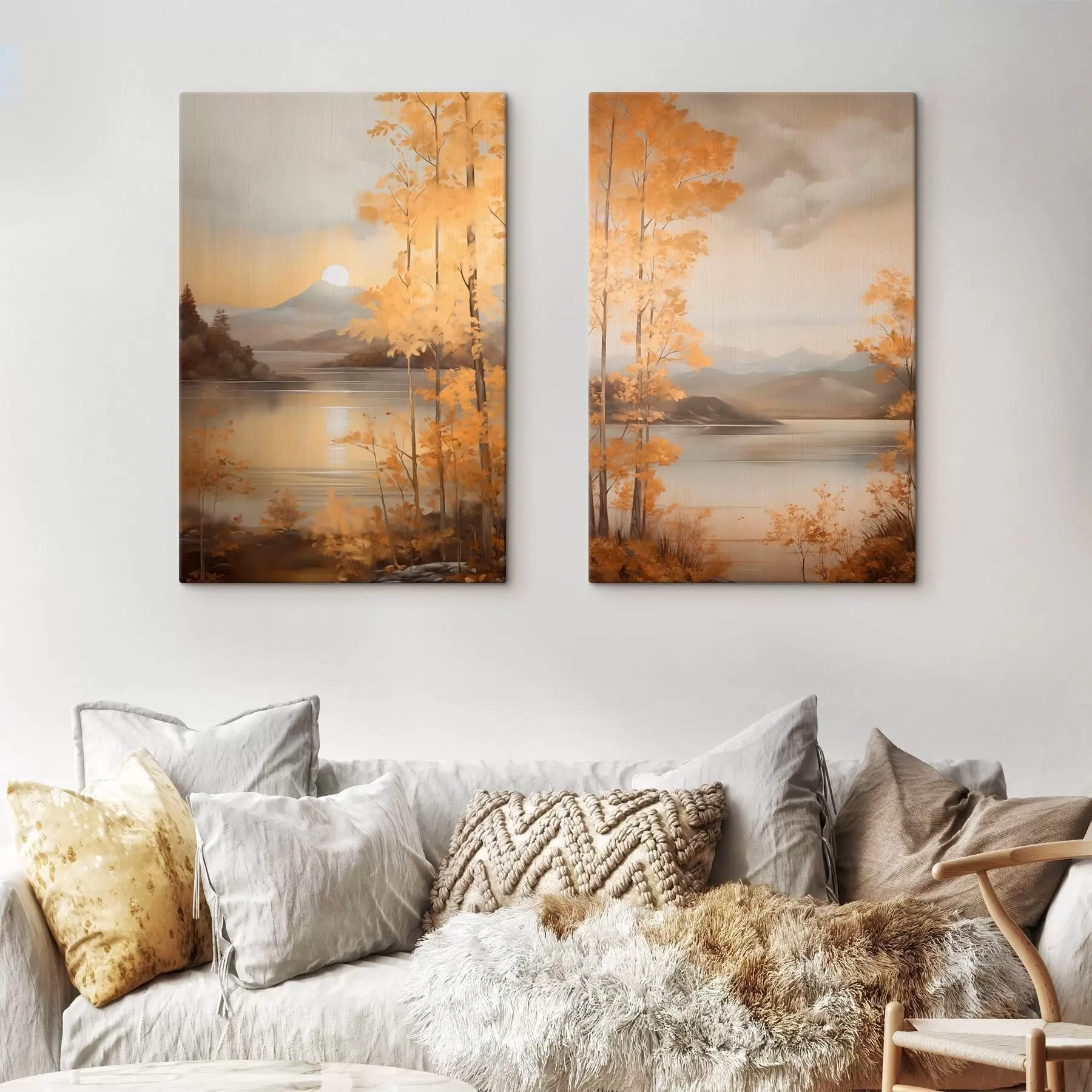 carta da parati Alberi autunnali dalle foglie arancioni incorniciano un lago tranquillo con montagne lontane sotto un cielo nuvoloso. nr. m01246