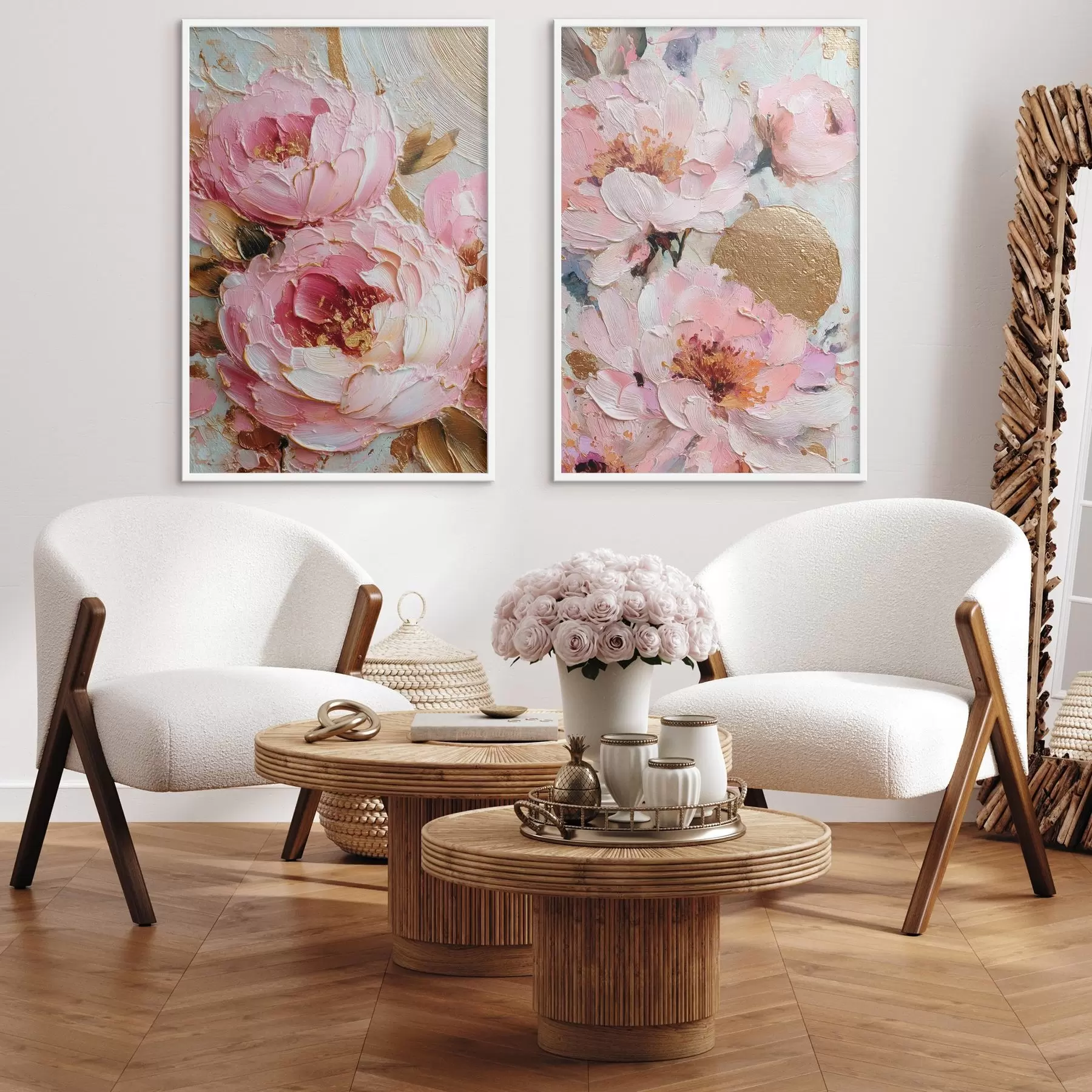 carta da parati Pittura volumetrica ad impasto con peonie rosa e dettagli materici nr. d00573