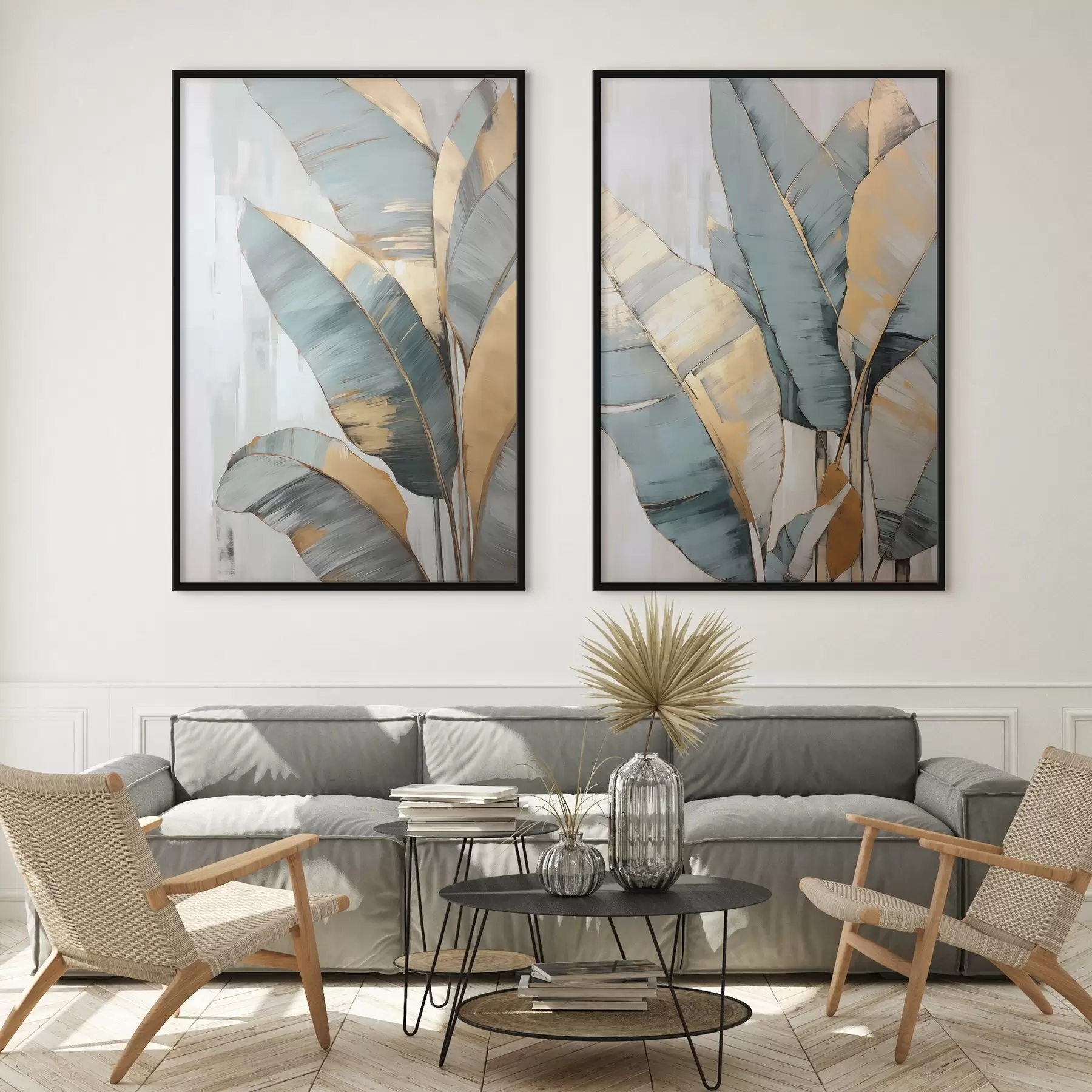 carta da parati Un insieme di foglie di banano blu, grigie e gialle con pennellate visibili, su uno sfondo bianco astratto nr. d00645