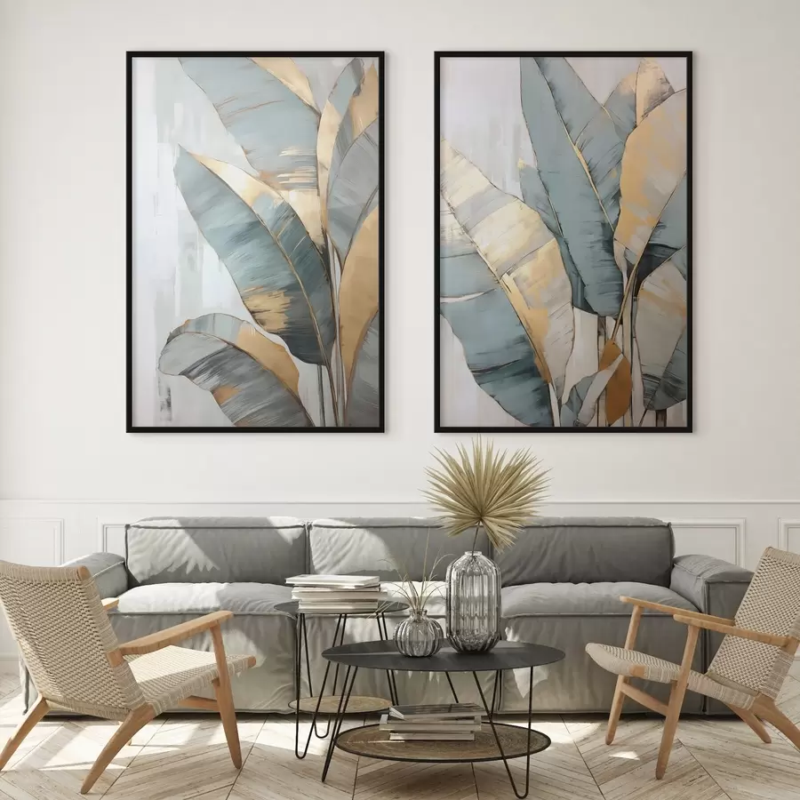 carta da parati Un insieme di foglie di banano blu, grigie e gialle con pennellate visibili, su uno sfondo bianco astratto nr. d00645