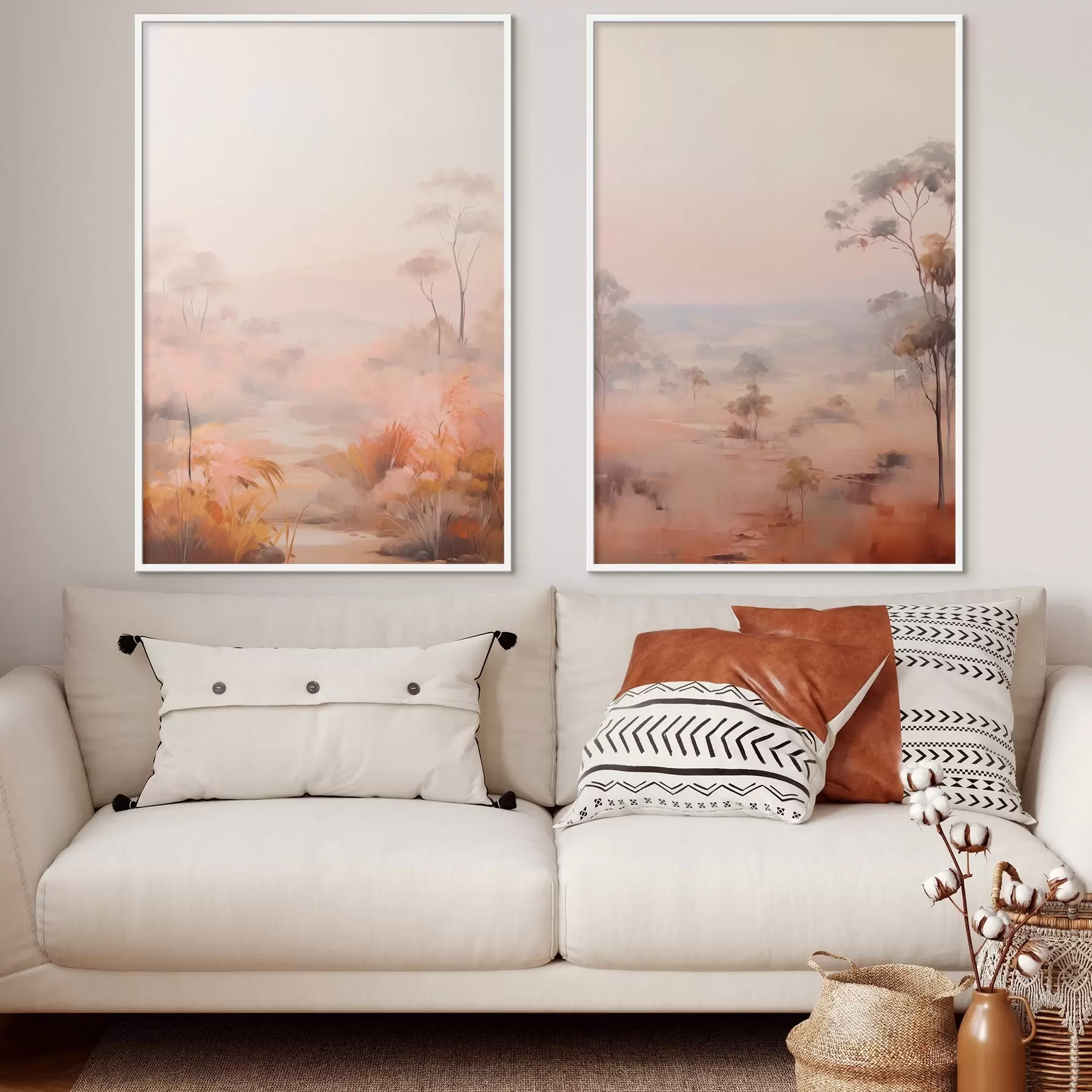 carta da parati Un paesaggio con cespugli e alberi nei toni del rosa, dell'arancio e del marrone, con le montagne sullo sfondo nr. d00646