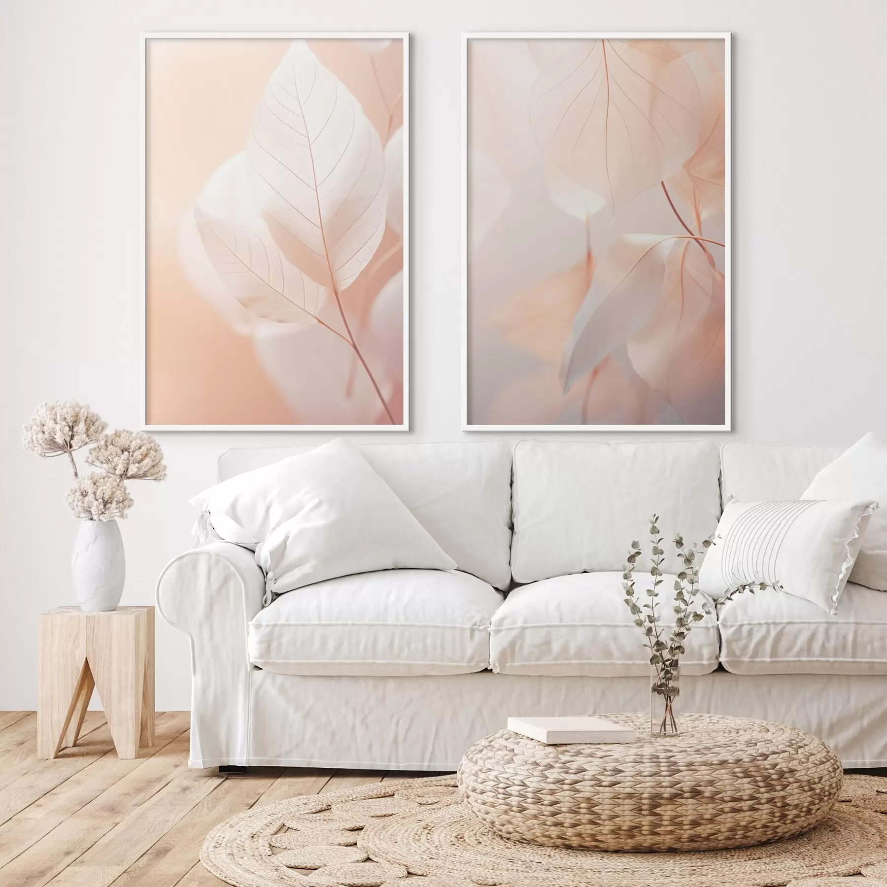 carta da parati Primo piano di foglie traslucide con venature delicate, tavolozza di colori bianco e pesca, sfondo sfocato nr. d00647