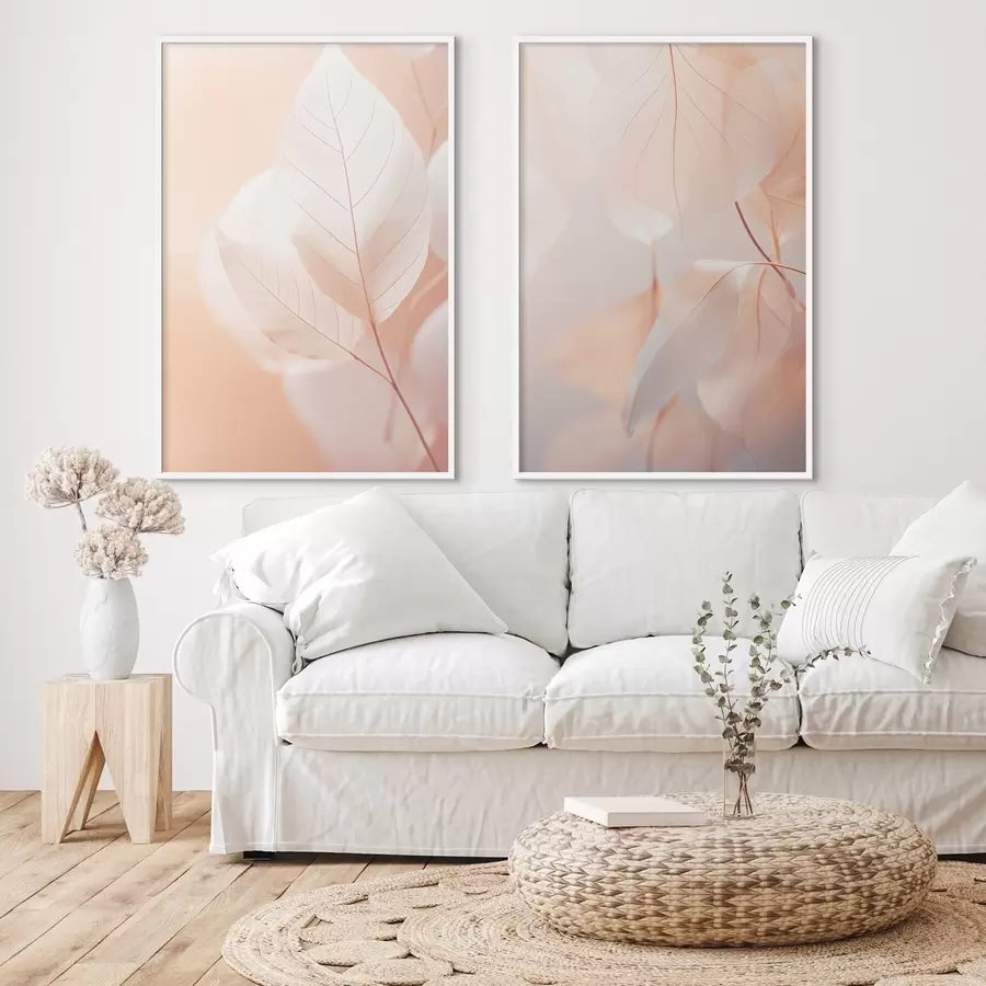 carta da parati Primo piano di foglie traslucide con venature delicate, tavolozza di colori bianco e pesca, sfondo sfocato nr. d00647