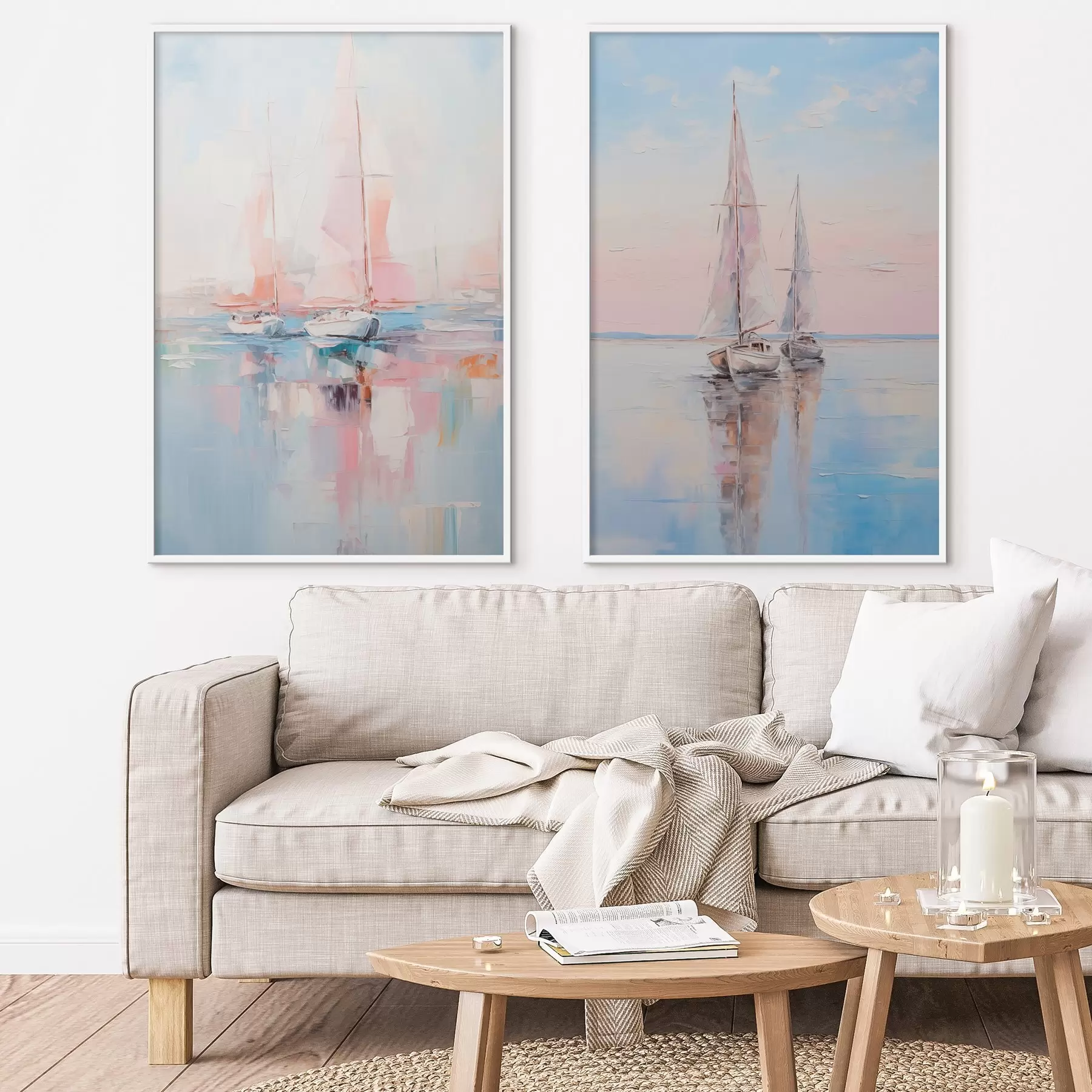 carta da parati Barche a vela con vele rosa che galleggiano su un mare calmo, riflessi delle barche nell'acqua, colori pastello tenui nr. d00648