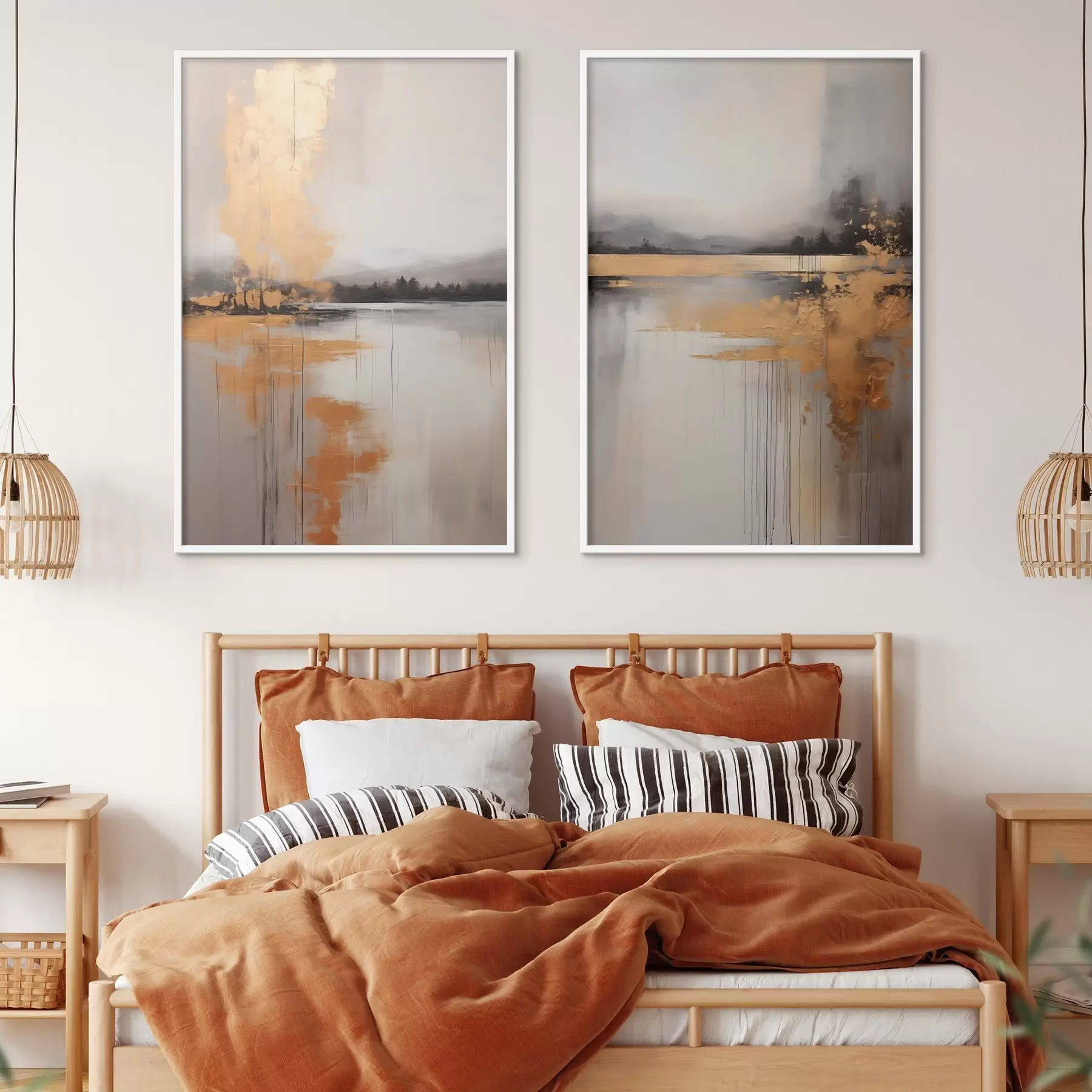 carta da parati Un paesaggio astratto con un lago, un albero e la nebbia gialla, l'acqua riflette e il cielo nuvoloso nr. d00657