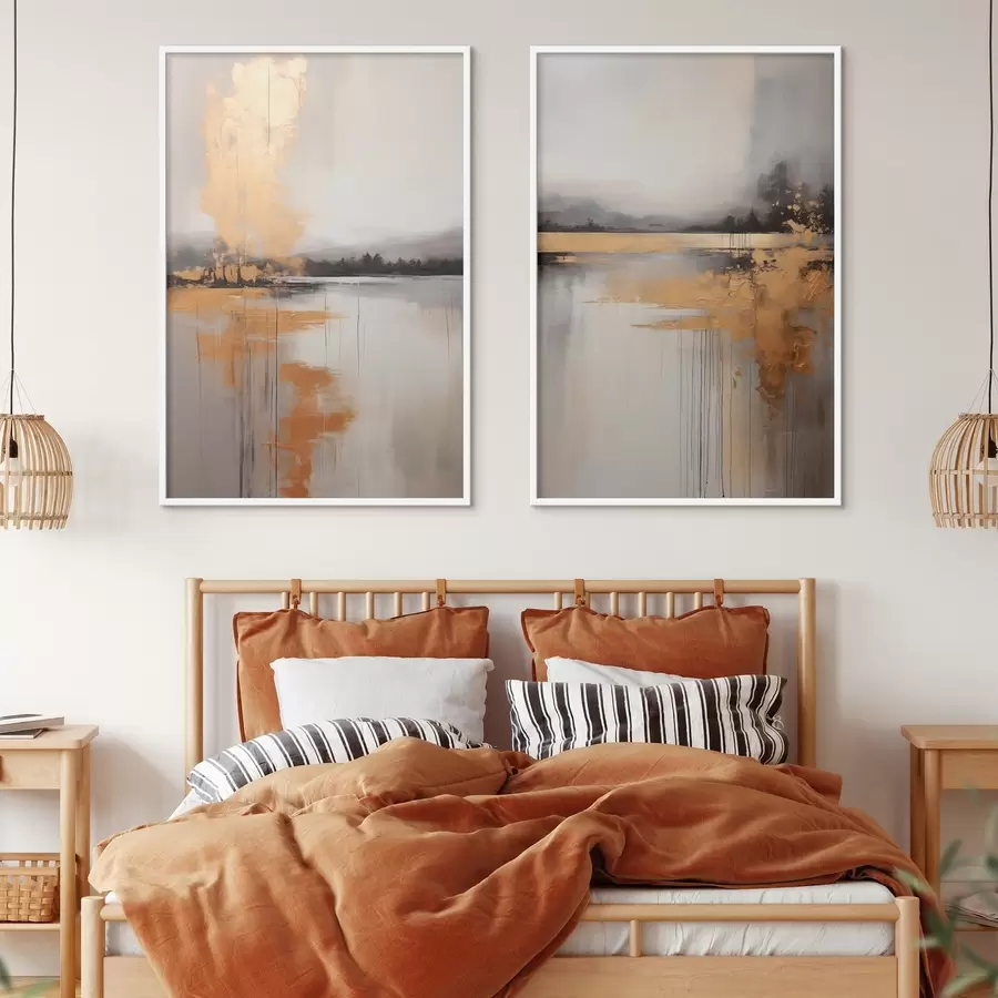 carta da parati Un paesaggio astratto con un lago, un albero e la nebbia gialla, l'acqua riflette e il cielo nuvoloso nr. d00657