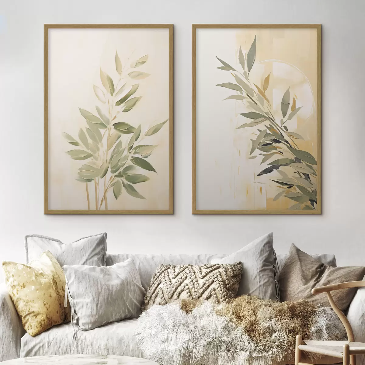 Poster Ramo botanico con foglie verdi su sfondo caldo d00686