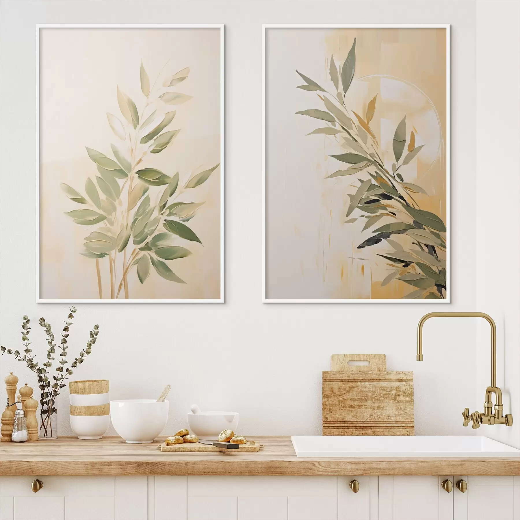 carta da parati Ramo botanico con foglie verdi su sfondo caldo nr. d00686