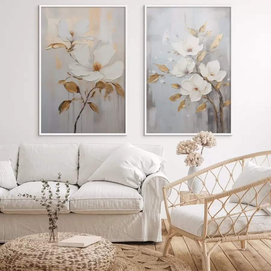 carta da parati Due fiori bianchi con foglie giallo-arancio su sfondo chiaro nr. d00687