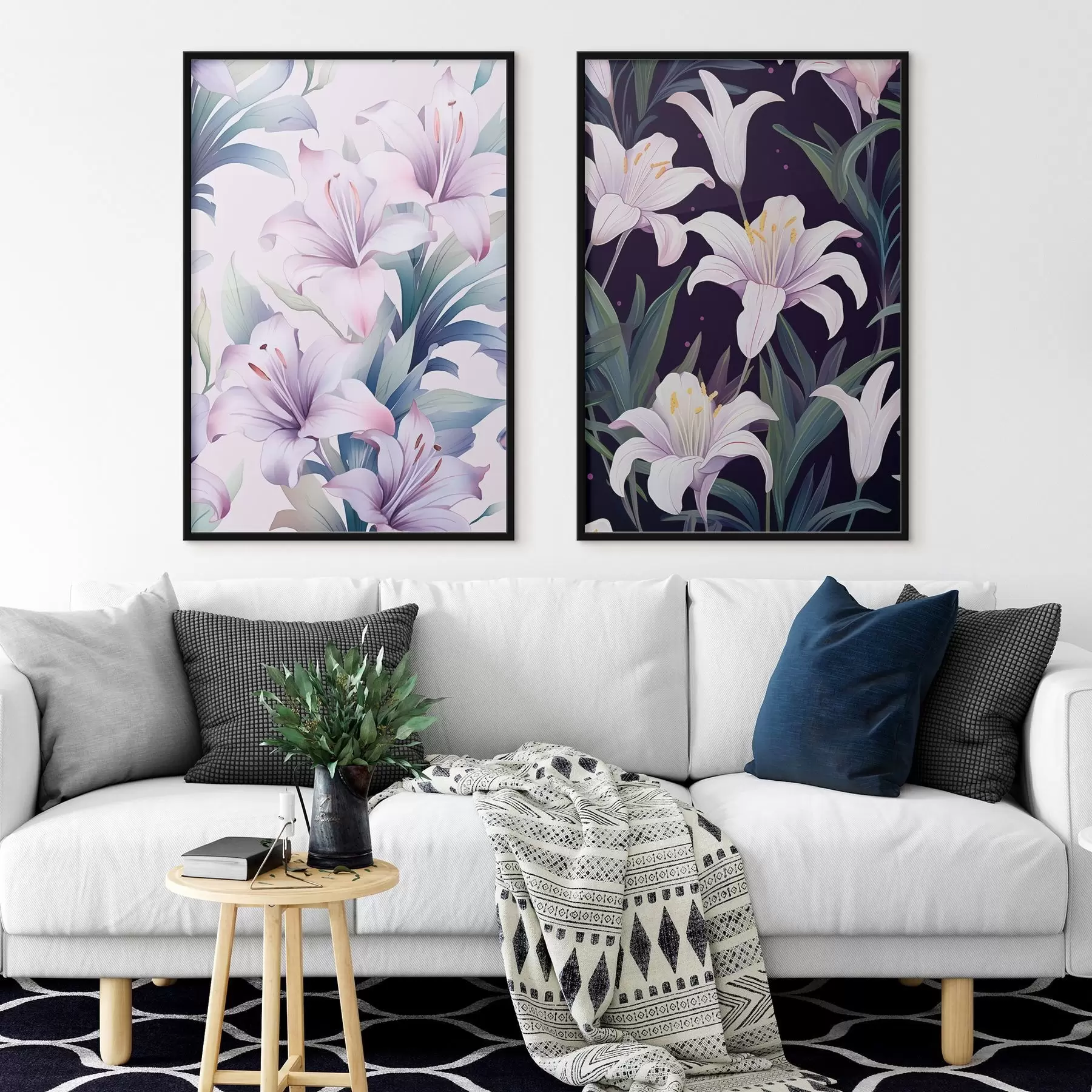 carta da parati Delicati gigli rosa con foglie verdi su sfondo chiaro e scuro nr. d00689