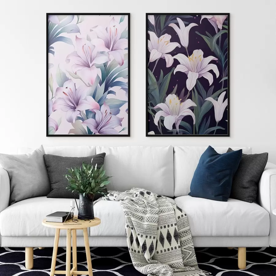 carta da parati Delicati gigli rosa con foglie verdi su sfondo chiaro e scuro nr. d00689