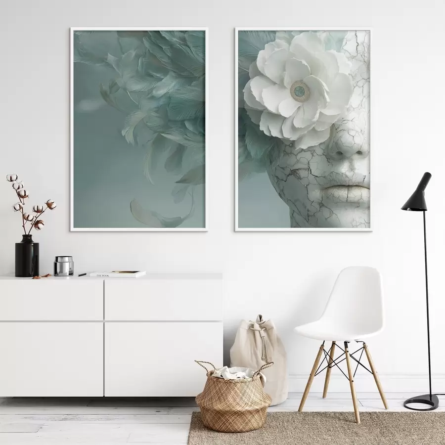 carta da parati faccia di marmo di una ragazza con un fiore e delle piume nr. d00699