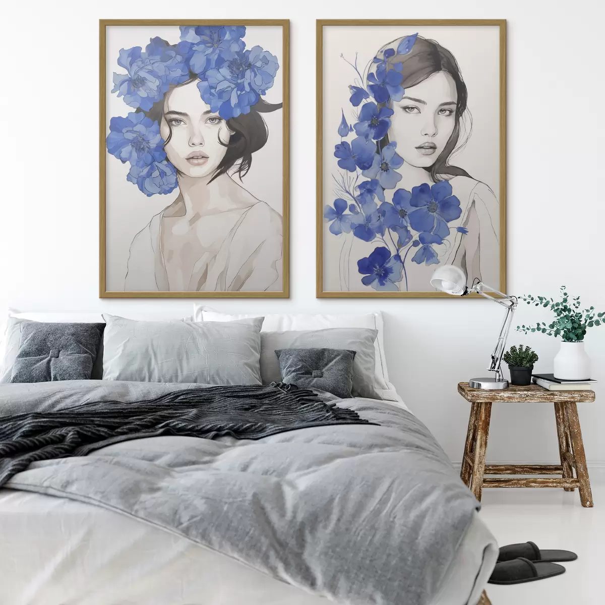 Poster Ritratto di ragazza con fiori blu d00721