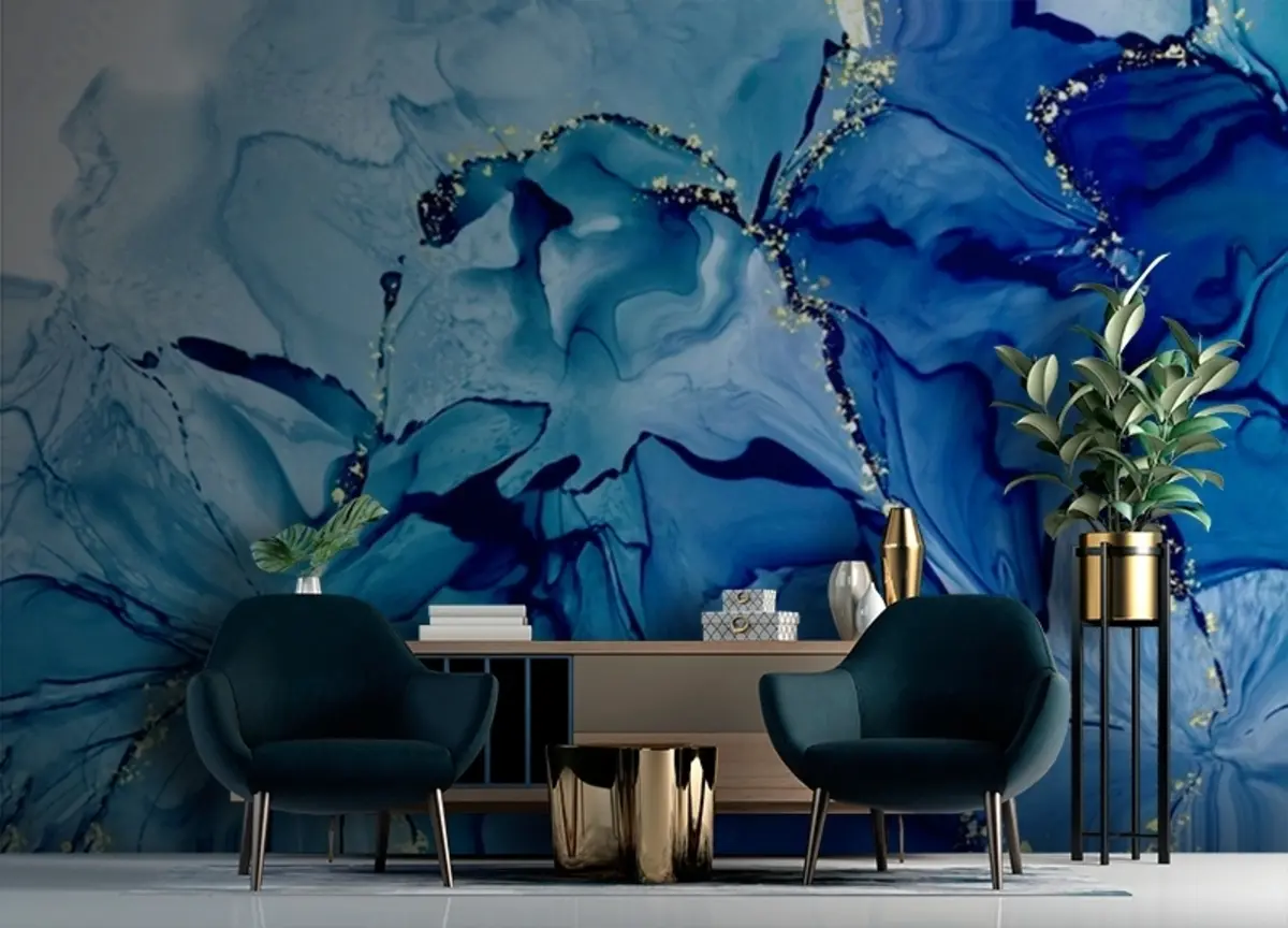 carta da parati Fiori blu con sentieri dorati nr. u71858