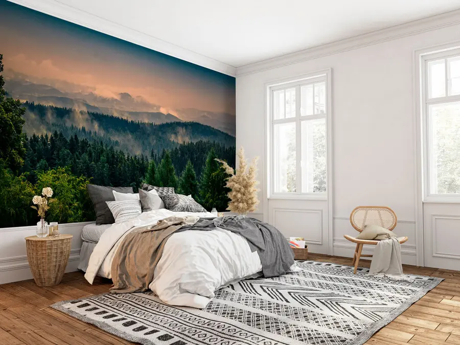 Carta da parati Foresta Nebbiosa Alberi di alberi nella nebbia n. u72174