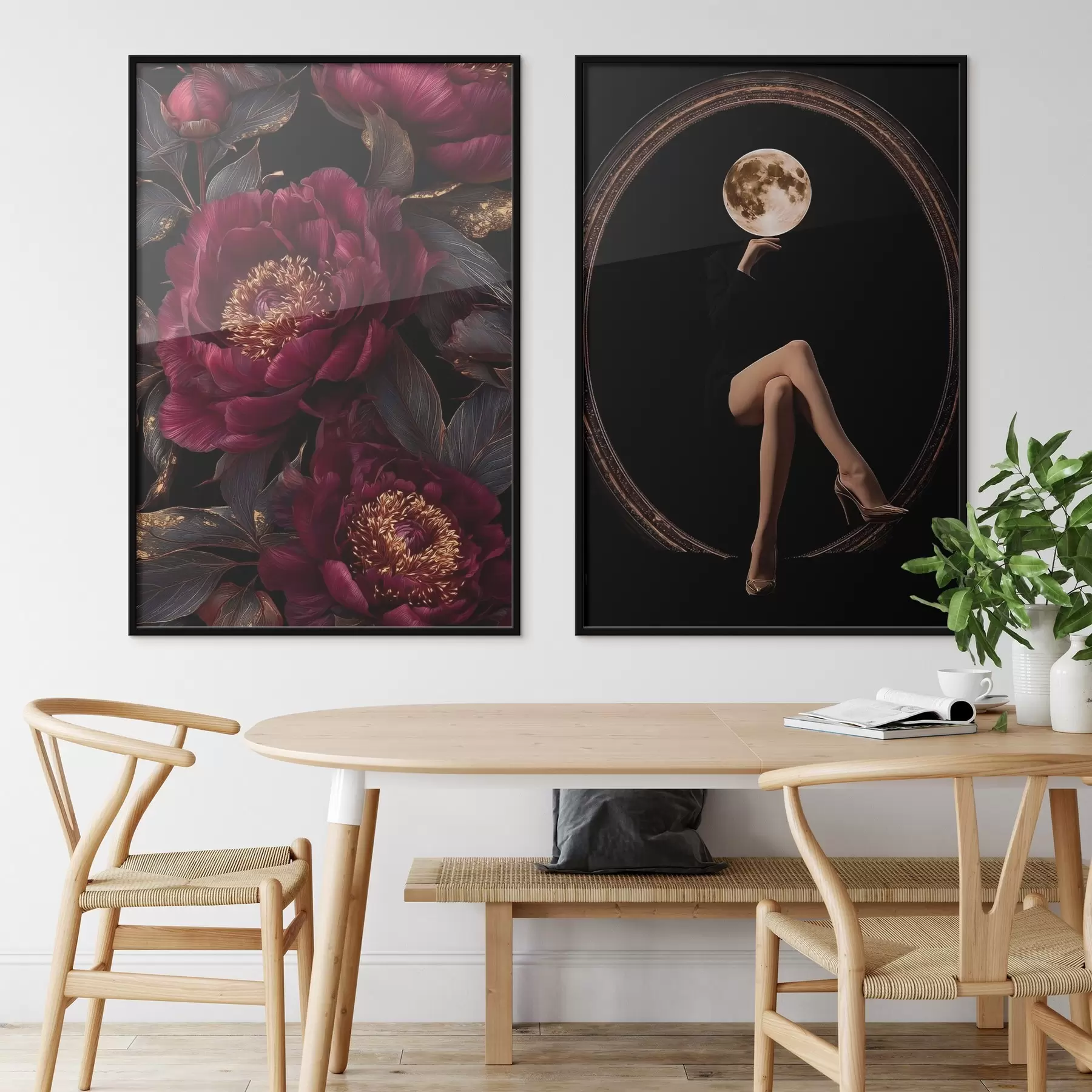 carta da parati Peonie bordeaux e una silhouette con testa di luna su sfondo nero nr. d00765