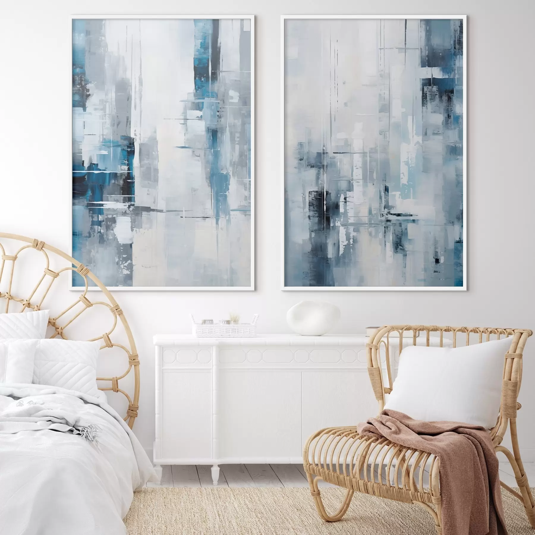 carta da parati Imitazione di pittura astratta con colori blu, grigio e bianco, linee verticali e forme geometriche nr. d00819