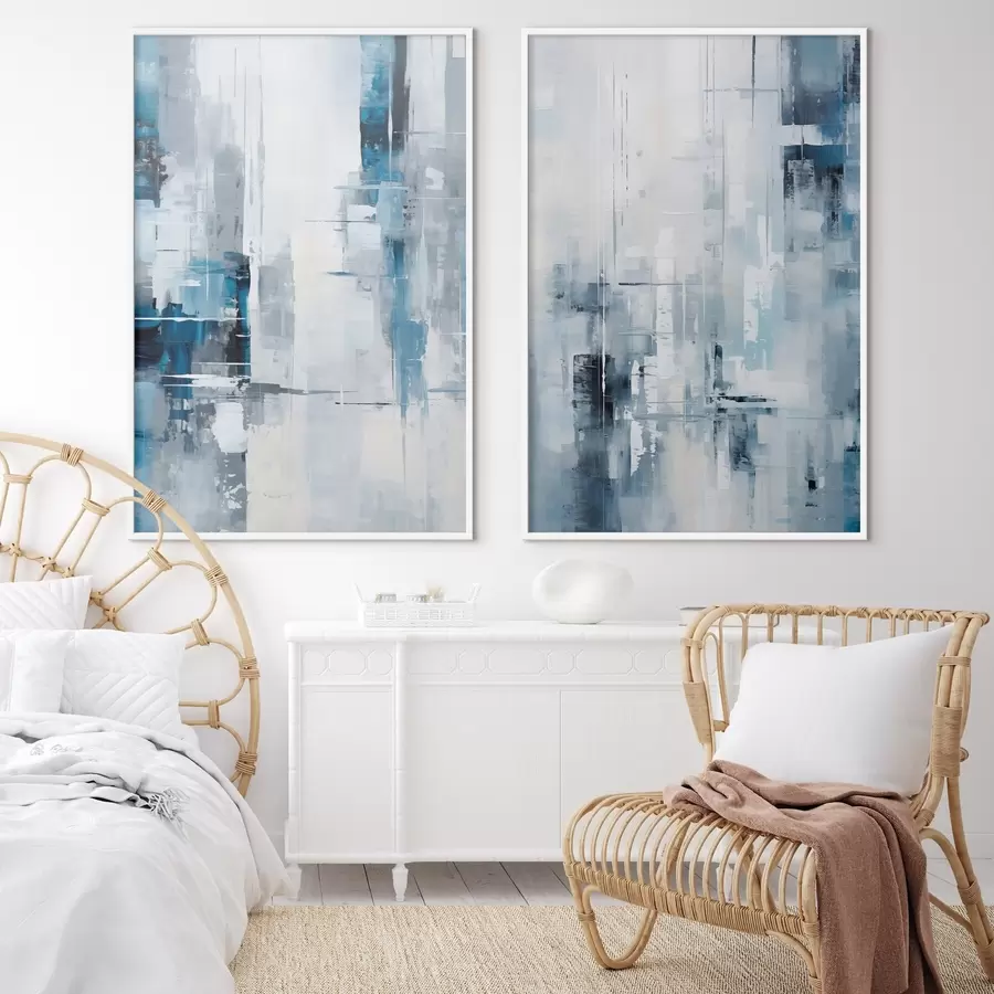 carta da parati Imitazione di pittura astratta con colori blu, grigio e bianco, linee verticali e forme geometriche nr. d00819