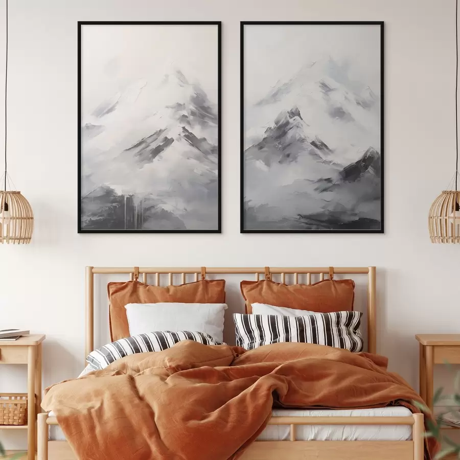 carta da parati Cime innevate con ombre grigie, cielo grigio, pennellate, texture, minimalista nr. d00822