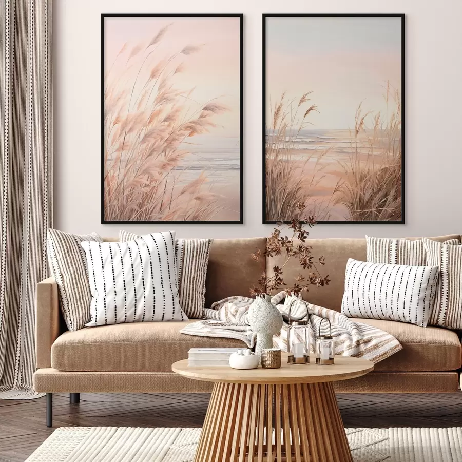 carta da parati Erba della Pampa con una tavolozza di colori arancione pastello, cielo rosa chiaro, un paesaggio tranquillo nr. d00823