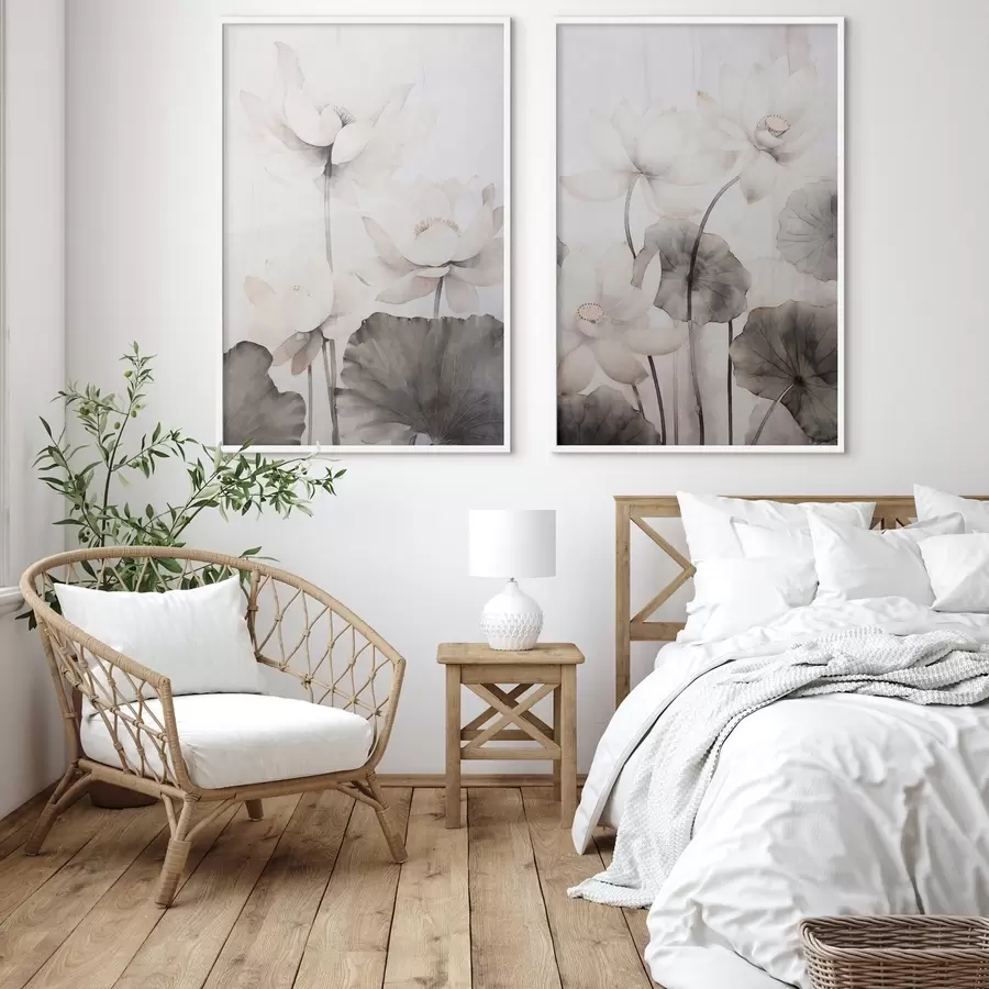 carta da parati Fiori di loto bianchi con foglie scure, sfondo chiaro, design minimalista nr. d00824