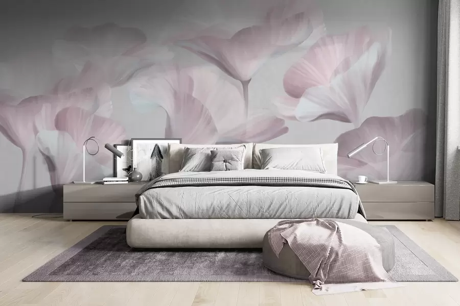 Carta da parati Floreale Fiori di loto traslucidi di colore rosa pallido con petali delicati su uno sfondo grigio tenue n. w09640v1