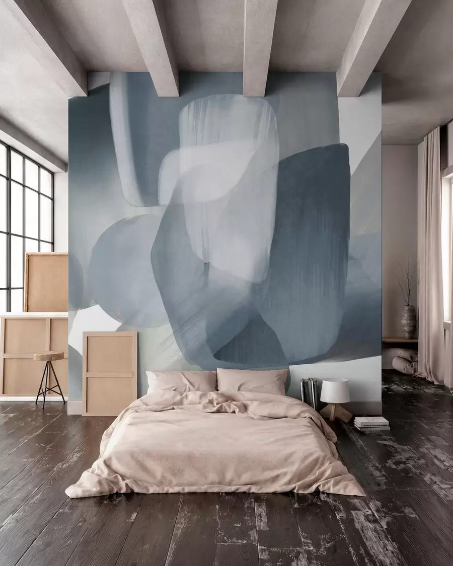 carta da parati Forme astratte con texture in colori tenui blu e grigio, con bordi morbidi e strati sovrapposti nr. w09642v1